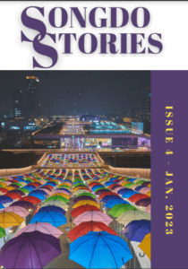 Songdo Stories online magazine cover for Issue 4 featuring a nighttime view of the city lights in the distance above many rows of colorful umbrellas serving as canopy for shoppers at Triple Street, a shopping center in Songdo.